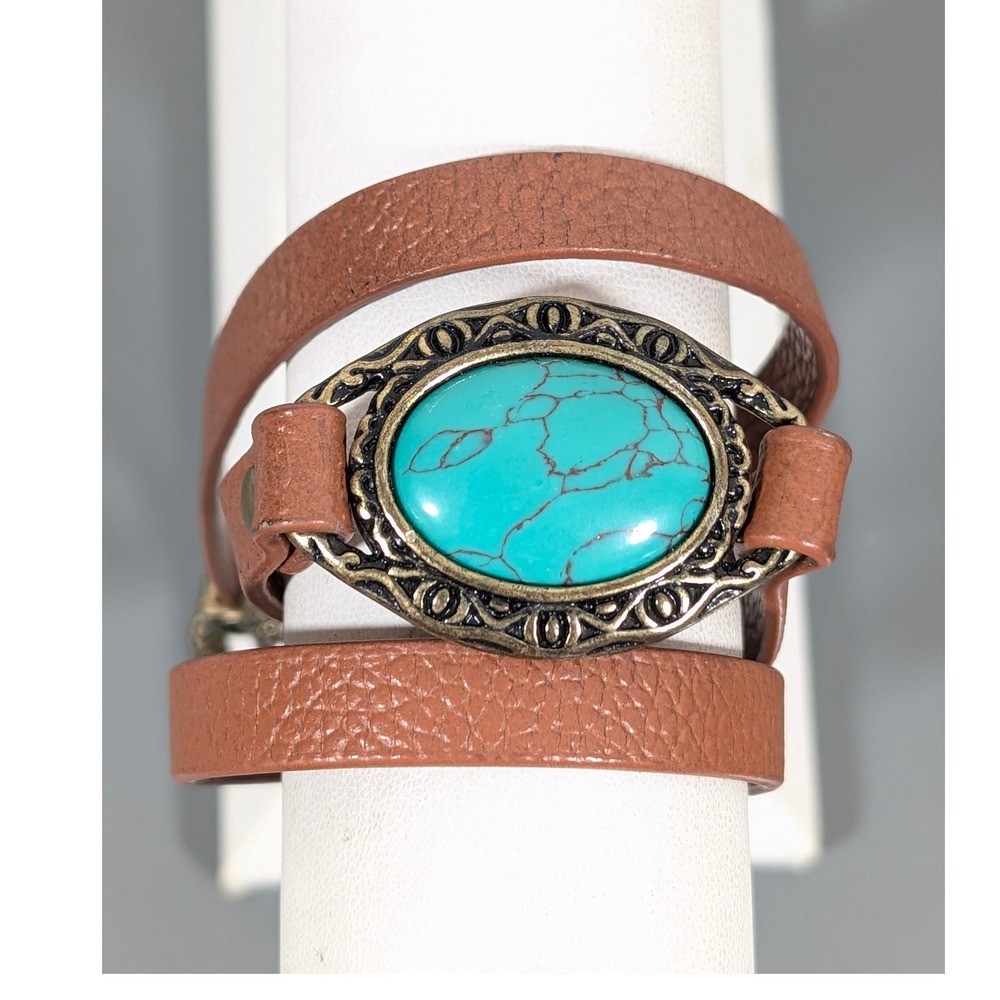 Faux Turquoise Leather Wrap Bracelet Bronze Concho Boho Western